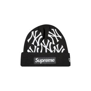 Черная шапка-бини с логотипом Supreme x New York Yankees x New Era
