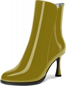 Женские ботильоны на высоком каблуке 3,3 дюйма с круглым носком, молнией и лакированной кожей, свадебное платье DEMOSHINE, Mustand Green