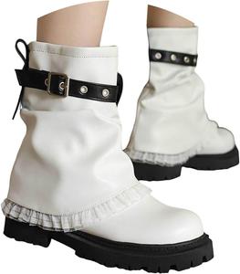 Женские складные сапожки с плиссированной платформой и массивной подошвой, свободные ботильоны с крупными каблуками, круглым носком, на короткой шпильке с ремешком, туфли для вечеринок, байкерские и вестернские модные ботильоны Generic, White