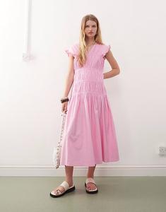 Летнее платье миди с рукавами-ангелами и декоративными швами розового цвета Reclaimed Vintage