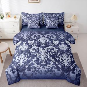 Erosebridal Готический Дамаск Комплект постельного белья Хэллоуин Сахарный Череп Темно-синий Викторианские Цветы Готический, Skull Dark Blue