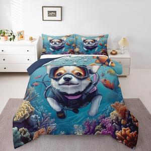 Erosebridal Комплект постельного белья Funny Dog с 3D принтом в морском стиле, голубого цвета, Teal Brown White