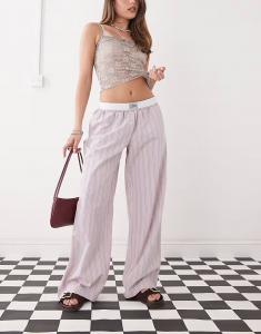 Широкие брюки Monki с застежкой-липучкой и складным поясом в светло-розовую полоску