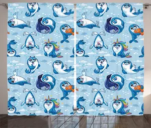 Детская штора ABAKUHAUS в деревенском стиле, с рисунком в виде героев мультфильмов, присборенная тесьма для спальни с петлями и крючками, 280 x 245 см, цвет: сине-белые бархатцы Abakuhaus