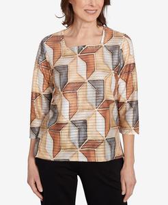 Классическая женская блузка с квадратным вырезом и узором Витражное стекло Alfred Dunner, Tan Neutral