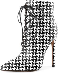 Женские ботильоны SAMMITOP с зауженным носком и шнуровкой, короткие ботинки с анималистичным принтом, Houndstooth