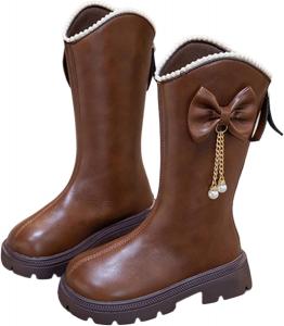 Детские сапоги до колена для девочек, сапоги средней длины, верховые сапоги, искусственная кожа, молния, панк/гот стиль, осень-зима, с бантом, боевые сапоги, маленькие и большие размеры Generic, B04 Brown