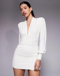 Мини-платье со съемными подплечниками и глубоким вырезом Ruched & Ready, рукавами-фонариками и сборками Focus On Me кремового цвета