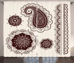 Штора ABAKUHAUS в восточном стиле, узор татуировка как каракули, универсальная ленточная штора для гостиной с петлями и крючками, 280 x 225 см, цвет: темно-коричневый, кремовый