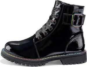 Детские ботинки Dodow для девочек, блестящие ботильоны в стиле милитари с молнией и шнуровкой, зимние нарядные ботинки для малышей и старших детей, Patent-Black
