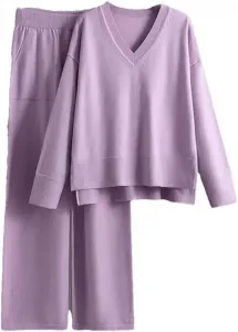 Женский комплект: V-образный свитер и брюки с высокой талией