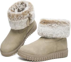 Женские зимние ботинки BENPAO с меховой подкладкой, короткие снежные ботинки из искусственной кожи, теплые ботинки с мехом, водонепроницаемые ботильоны на молнии, Beige