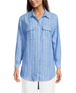 Женская льняная туника с рукавами, подвернутыми манжетами, свободного кроя Lands' End, Soft blue linen stripe