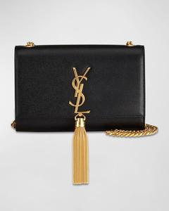 Маленький кошелек Kate YSL с кисточкой на цепочке из зерненой кожи Saint Laurent, цвет Noir