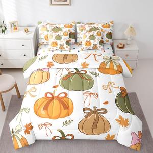 Erosebridal Комплект постельного белья Fall Bowknot с каретной стяжкой в стиле фермерского дома с тыквами и кленовыми листьями оранжево-зеленой расцветки, Orange and Green