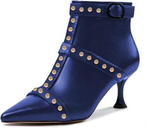 Женские ботильоны XYD с блестящим носком, строчкой, заклепками, боковой молнией и пряжкой, на низком каблуке, модная ретро обувь, Blue
