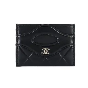 Пледовый блестящий кардхолдер из телячьей кожи унисекс черный CHANEL