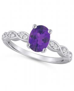Кольцо с аметистом (1,5 карата) и белым бриллиантом (1,20 карата) из белого золота 10 карат Macy's, Amethyst/White Gold