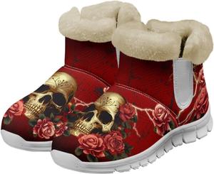 Женские зимние ботинки с противоскользящей подошвой, утепленные флисом, для улицы и дома Glomenade, Red Rose Skull