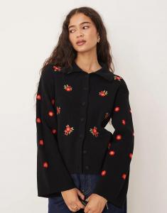Кардиган Nobody's Child с вышивкой на пуговицах и фестончатым воротником черного цвета