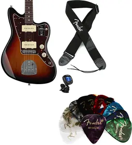 Fender American Professional II Jazzmaster - 3-цветный Sunburst с грифом из палисандра. Комплект с ремнем Fender с логотипом из полиэстера 2" - черный с белым логотипом... (4 предмета)
