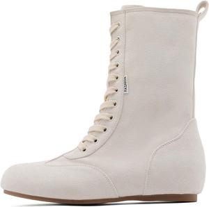 Женские плоские ботинки из искусственной замши с шнуровкой, боксерские ботинки, широкий круглый носок, ретро-стиль, уличная обувь, мотоциклетные плоские ботильоны Generic, White