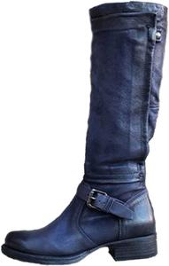 Сапоги oiangi для женщин выше колена - модные с пряжкой, боковая молния, массивный низкий каблук, круглый носок, высокие сапоги, однотонные, повседневные, удобные туфли с квадратным каблуком, Dark Blue