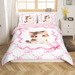 Erosebridal Комплект постельного белья King Princess Bowknot с мультяшными котятами и бантами, реверсивный, кавай стиль, Blush Gray