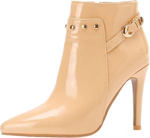 Женские модные ботильоны LYYSKY на высоком каблуке 10 см с боковой молнией, заостренным носком, пряжкой и заклепками, шпилька, ботинки на щиколотку, Apricot