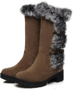 Женские сапоги средней длины с толстой подошвой на невидимой танкетке, без шнуровки, с толстым воротником из кроличьего меха, теплые, водонепроницаемые, из эластичной кожи, противоскользящие, подходят для снега, зимы и свиданий NEGYANME, Brown