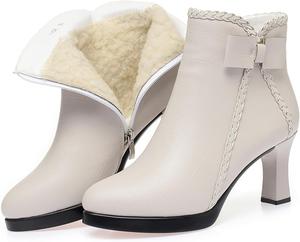 Женские ботильоны с острым носком, массивным каблуком, бантом и застежкой-молнией сбоку, модные кожаные, с удобной меховой подкладкой, низкий каблук-блок, короткие повседневные зимние ботинки с каблуком kitten для платья ZUYIYIA, Apricot-Warm 2.36In