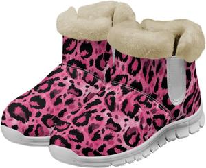 Женские зимние ботинки Biyejit Snow с комфортным теплым мехом, короткие уличные ботильоны на молнии, Pink Leopard