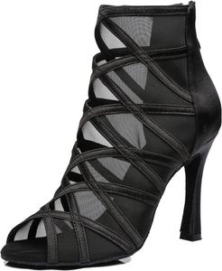 Женские танцевальные ботильоны на каблуке для вечеринок и выступлений, для бальных и латинских танцев, с застежкой на шнуровку, сетчатые, с открытым носком LITNERMIA, Al445/Black 9Cm Heel