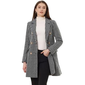 Женский элегантный двубортный твидовый пиджак в клетку с зубчатыми лацканами ALLEGRA K, черный