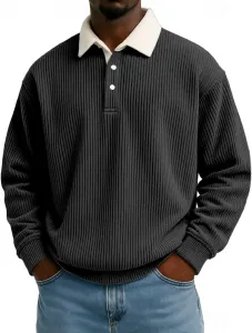 Мужская поло с длинным рукавом и воротником, расслабленный крой, термо-ребристая вязка eoeioa