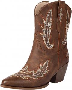 Женские ковбойские ботинки IWIHMIV, короткие сапожки в западном стиле, заостренный носок, вышивка, широкий голеностоп, короткие ботинки с низким квадратным каблуком, Brown