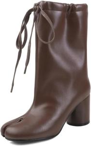 Женские ботильоны ZQW из натуральной кожи с забавным носком (таби), средний блочный каблук, шнуровка, мягкие, удобные, минималистичные, широкие голенища, Brown