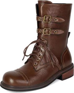 Женские западные плоские боевые ботинки для верховой езды с шнуровкой, круглым носком, низким каблуком, осенние короткие мотоботинки JOEUSTY, Brown