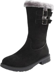 Женские теплые сапоги из флиса и замши средней длины: модная металлическая пряжка, пушистая боковая молния, скрытый каблук, обувь для снега, походов на улице, осень-зима Generic, Black