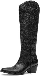 Женские ковбойские сапоги с тиснением до колена, западные сапоги с заостренным носком, удобный широкий каблук, сапоги для верховой езды на пуговицах GPXGPX, Black