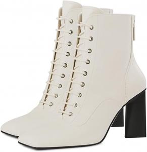 Женские ботинки YDN с квадратным носком, на шнуровке, средней длины, с высокими каблуками-блоками, на молнии, ботильоны до щиколотки, вестерн-стиль, для вечеринок и нарядов, размеры 4-15 US, White