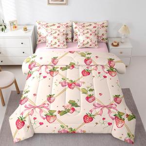 Erosebridal Комплект постельного белья Pink Strawberry с декоративными бантами и рюшами в современном стиле, Romance Pink