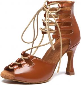 Женские латинские танцевальные ботинки SWDZM с открытым носком для бальных и сальса выступлений и тренировок, кружевные ботильоны для танцев, L554-Brown-Heel 3 1/3"-Full Suede Sole