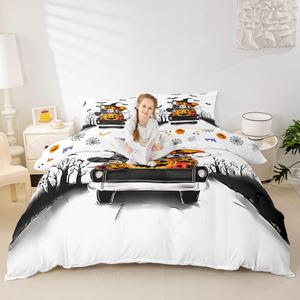 Erosebridal Комплект постельного белья Halloween Decorations с тематикой Хэллоуин, тыквы, привидения и летучие мыши в черно-оранжевой гамме, White Black Orange