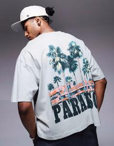 Футболка свободного кроя ASOS DESIGN серого цвета с принтом спереди