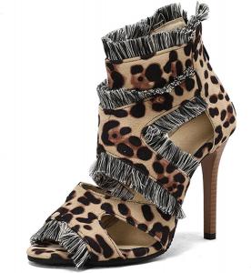 Женские сандалии-ботильоны на каблуке-стилетто Alyaafifa, джинсовые, с открытым носком, с бахромой, двухцветные, на молнии, для вечеринок, мероприятий, свадьб, выпускных и праздников, Suede Leopard