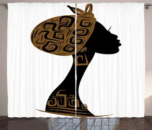 Штора ABAKUHAUS "Африканская женщина" в деревенском стиле, профиль "платок", присборенная тесьма для спальни с петлями и крючками, 280 x 225 см, цвет: белый, черный, коричневый Abakuhaus