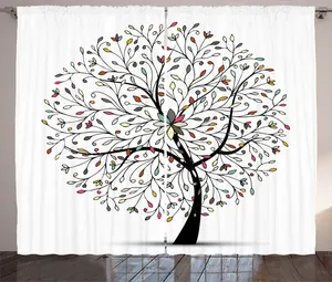 Шторы ABAKUHAUS White Rustic, разноцветные листья, сюрреалистическое дерево, универсальные ленточные шторы для гостиной с петлями и крючками, 280 x 225 см, белые с разноцветными цветами Abakuhaus