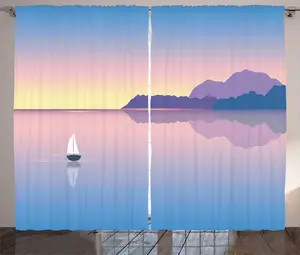 Штора ABAKUHAUS Travel Rustic, Нежный морской пейзаж, маленькая лодка, универсальная ленточная штора для гостиной с петлями и крючками, 280 x 225 см, цвет: лазурно-голубая роза Abakuhaus