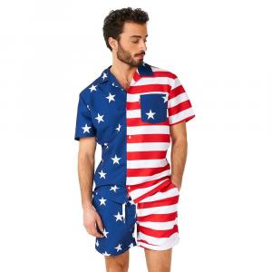 Мужской комплект OppoКостюмы с американским флагом McЛетний комплект из рубашки и шорт на пуговицах с короткими рукавами OppoSuits, цвет Blue Red